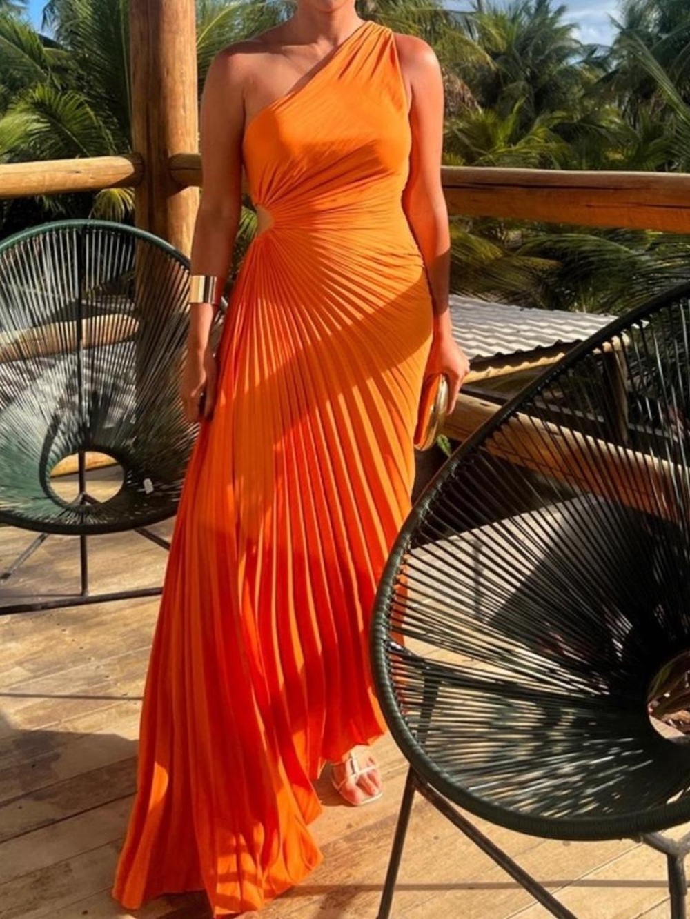 One-Shoulder Orange Pleated Maxi Dress